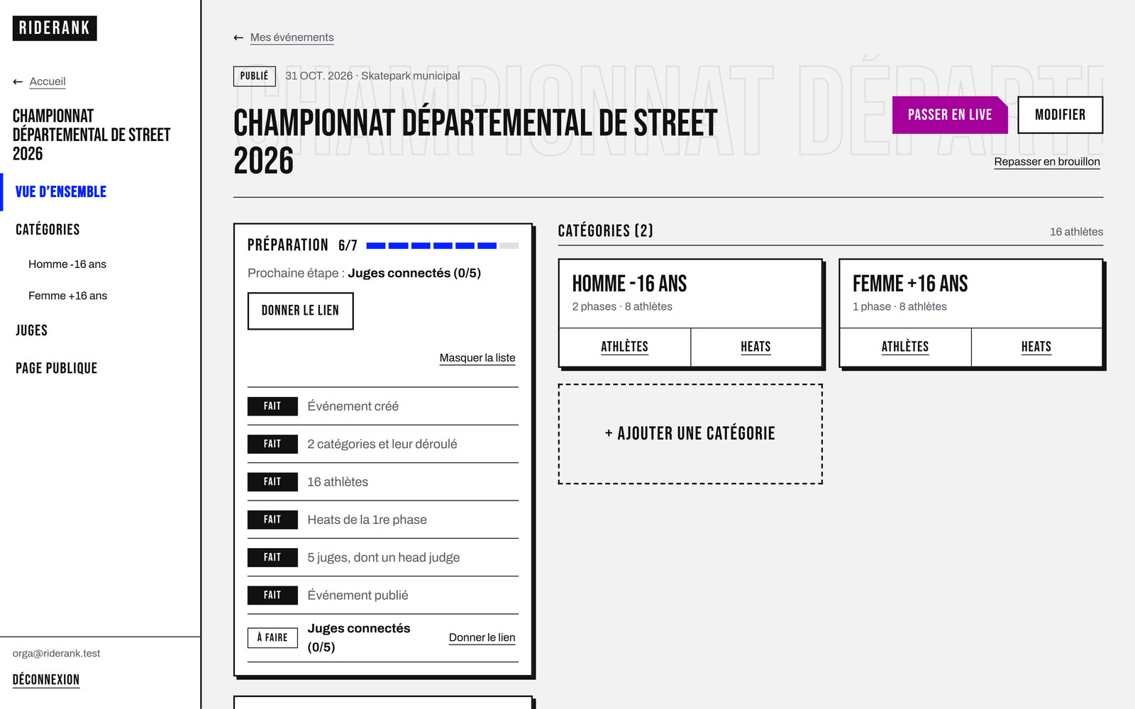 Page d'un événement côté organisateur : liste de préparation, catégories, juges.